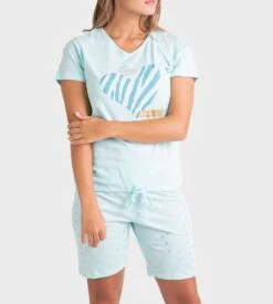 Pyjama Court Féminin Col V Turquoise -Calida Soldes pyjashort pour femme col v k72 turquoise 3