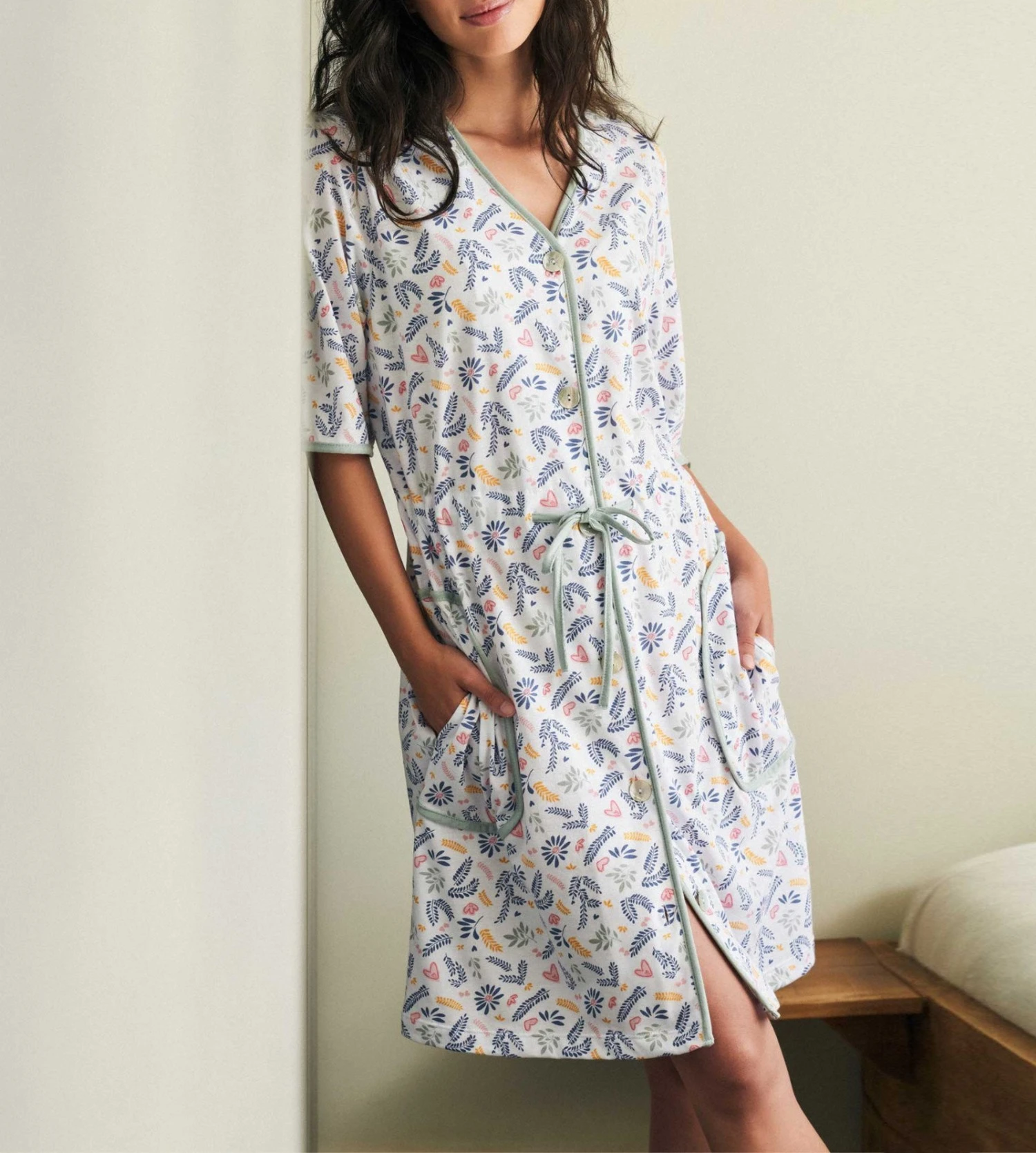 Robe De Chambre Boutonnée Vert Gris 3 Robe De Chambre Boutonnée Vert Gris – Image 3